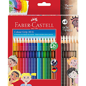 Trīsstūrveida akvareļu zīmuļi Faber-Castell Colour Grip 18+6 krāsas