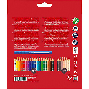 Trīsstūrveida akvareļu zīmuļi Faber-Castell Colour Grip 18+6 krāsas