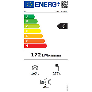 LG Refrigerator GBB72PZVCN1 Energy efficiency class C, Free standing, Combi, Height 203 cm, Fridge net capacity 277 L, Freezer net capacity 107 L, Display, 35 dB, Stainless steel