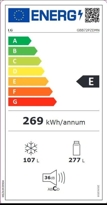 LG Refrigerator GBB72PZDMN Energy efficiency class E, Free standing, Combi, Height 203 cm, No Frost system, Fridge net capacity 277 L, Freezer net capacity 107 L, Display, 36 dB, Silver