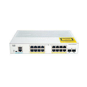 Cisco Catalyst 1000-16T-2G-L tīkla slēdzis, 16 gigabitu Ethernet (GbE) pieslēgvietas, divi augšsaites 1G SFP porti, darbība bez ventilatora, pagarinātā ierobežotā mūža garantija (C1000-16T-2G-L)