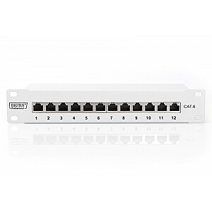 Патч-панель 10 дюймов, 12 портов, RJ-45 Cat.6, экранированная, 1U, комплект LSA, кабельная опора, серый