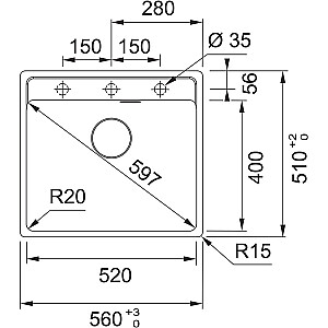 MRG 610-52 Мойка из гранита с регулирующим клапаном PushKnob 3 1/2", 560х510мм, оникс