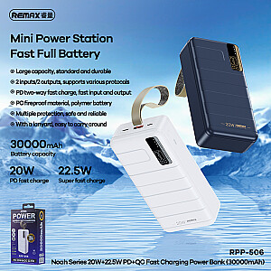 REMAX Power Bank 30000mAh RPP-506 Noah - USB + C tipa - PD 20W QC 22,5W balts