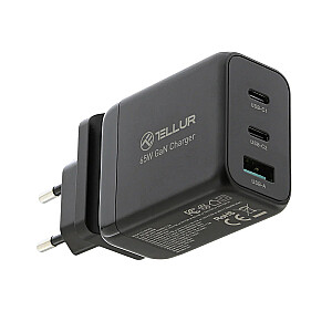 Настенное зарядное устройство Tellur GaN 65 Вт, 3 порта, 2xUSB-C + USB-A, ЕС, Великобритания, США, черный