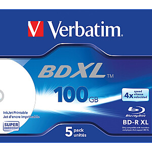Verbatim BD-R XL, 100 ГБ*, 4 ширины, для струйной печати, 5 шт., футляр для драгоценностей