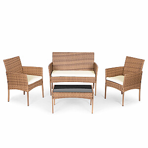 Комплект садовой мебели из техноротанга, диван, стол и коричневые кресла.