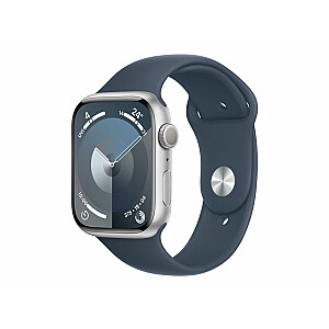 Apple Watch Series 9 GPS, 45 мм, серебристый алюминиевый корпус, спортивный ремешок синего цвета — S/M