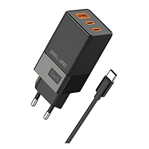 Настенное зарядное устройство GaN, 65 Вт, 2 кабеля USB-C + USB-A + USB-C, черный