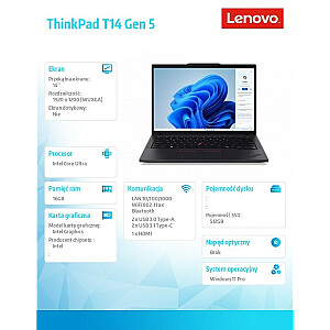 Ultrabook ThinkPad T14 G5 21ML0031PB W11Pro Ultra 7 155U/16GB/512GB/INT/14.0 WUXGA/melns/3 gadi Premier ar atbalstu + CO2 kompensāciju