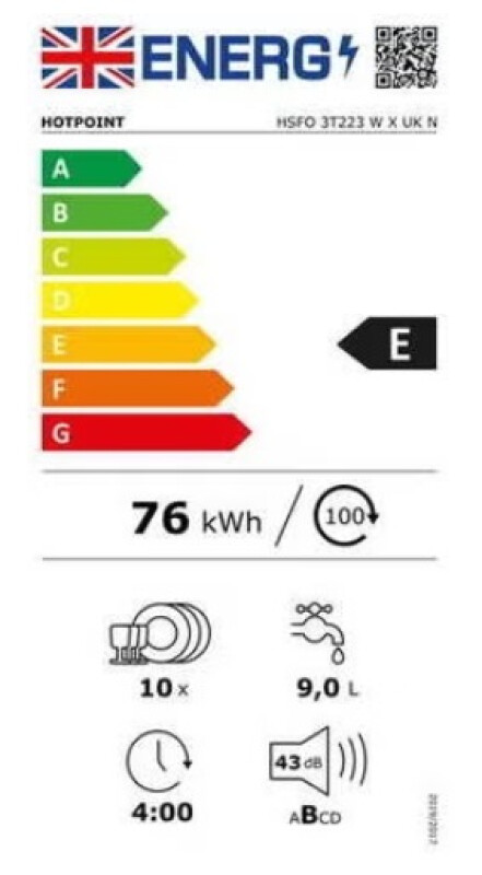 Посудомоечная машина Hotpoint HSFO 3T223 WC X Отдельностоящая, Ширина 45 см, Количество комплектов посуды 10, Количество программ 9, Класс энергоэффективности E, Дисплей, функция AquaStop, Inox