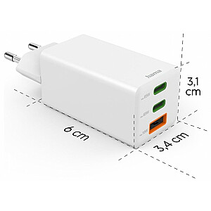Sienas lādētājs Hama mini GaN 65W PD/QC, 2x USB-C, 1x USB-A, balts