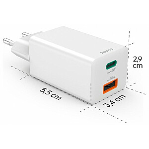 Hama mini GaN sienas lādētājs 45W PD/QC, 1x USB-C, 1x USB-A, balts