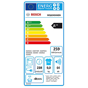 Bosch Dryer Machine WQG242AMSN Series 6 Energy efficiency class A++, Front loading, 9 kg, Sensitive dry, LED, Depth 61.3 cm, Steam function, White