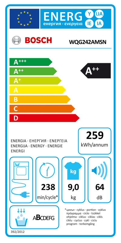 Bosch Dryer Machine WQG242AMSN Series 6 Energy efficiency class A++, Front loading, 9 kg, Sensitive dry, LED, Depth 61.3 cm, Steam function, White