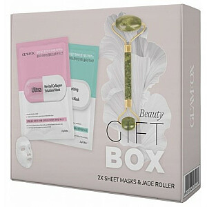 GLAMFOX SET Beauty Gift Box mitrinoša lokšņu maska 25 ml + atjaunojoša lokšņu maska 25 ml + sejas masāžas rullītis