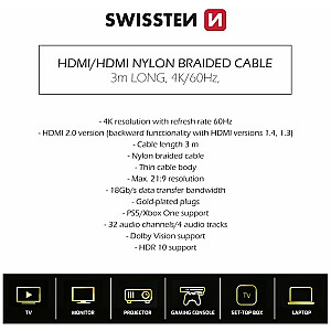 Swissten HDMI на HDMI 4K Кабель 3m