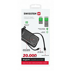 Swissten Power Bank 20000 mAh 20W со встроенными кабелями USB-C и Lightning (совместим с MagSafe)