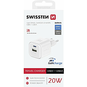 Swissten Tīkla Lādētājs GaN USB-C 20W PD / USB-A 18W QC