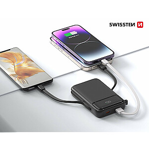 Swissten Ārējās uzlādes Baterija 10000 mAh 20W ar iebūvētiem USB-C un Lightning kabeļiem (Saderīgs ar MagSafe)