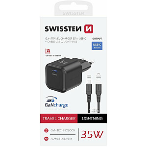 Swissten 3арядное устройство GaN USB-C 35W PD + Kабель для передачи данных USB-C - Lightning 1.2m