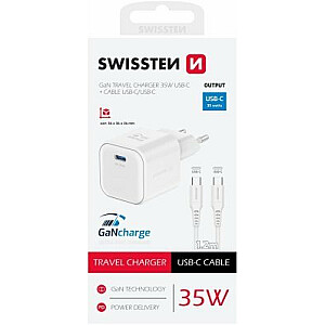 Swissten 3арядное устройство GaN USB-C 35W PD + Kабель для передачи данных USB-C - USB-C 1.2m