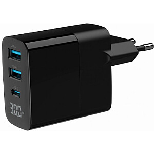 Зарядное устройство Gembird 3-port 30W GaN USB Fast Charger LCD Черный