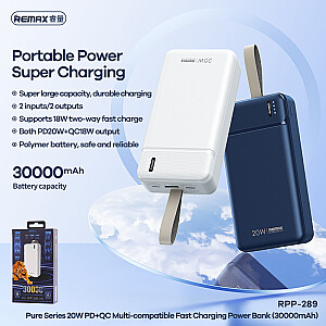 REMAX Power Bank 30000mAh RPP-289 Pure - USB + C tipa - PD 20W QC 18W zils