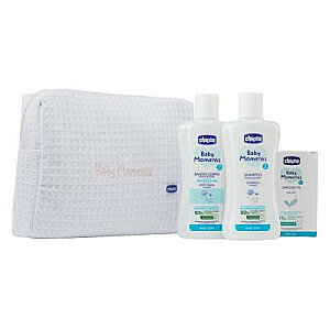 CHICCO SET Baby Moments Blue vannas šķidrums 200ml + matu šampūns 200ml + maigas ziepes 100g