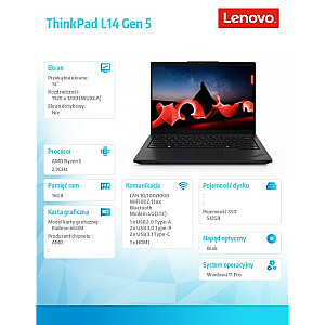 Laptop ThinkPad L14 AMD G5 21L5001MPB W11Pro 7535U/16GB/512GB/AMD Radeon/14.0 WUXGA/Black/1YR Premier Support + 3YRS OS + CO2 Offset 