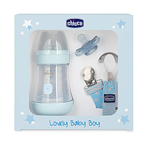 CHICCO SET Lovely Baby Boy Perfect 5 антиколиковая бутылочка 150 мл + мягкая соска Physioforma Mini + ремешок для соски