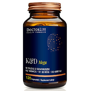 DOCTOR LIFE K&D Mega melnā ķimeņu eļļā K2 180MCG K1 20 MCG D3 4000IU Uztura bagātinātājs 120 kapsulas