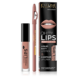 EVELINE Oh My Lips Liquid Matt Lipstick&amp;Contour Lip Liner matiniai lūpų dažai ir kontūras 4,5 ml + 1 vnt. 01 neutralus aktas