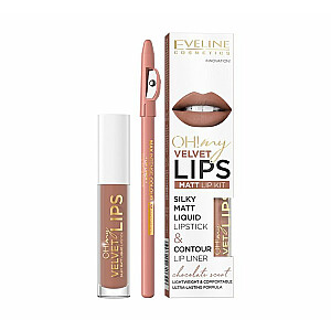 EVELINE Oh My Lips Liquid Matt Lipstick&Contour Lip Liner matēta lūpu krāsa un lūpu zīmulis 4,5 ml + 1 gab. 14 šokolādes trifeles