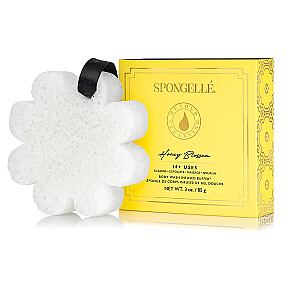 SPONGELLE sūklis baltā ziedu iepakojumā, kas piesūcināts ar Honey Blossom ķermeņa mazgāšanas ziepēm