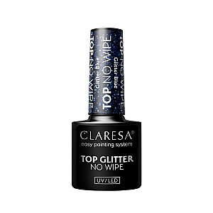 CLARESA Top Glitter No Wipe top hibrīda lakai bez noņemšanas līdzekļa Glitter Blue 5g