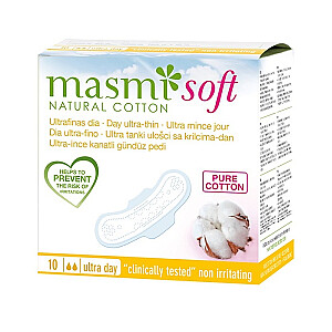 MASMI Soft Day Ultra-Thin Pads itin ploni dieniniai įklotai su sparneliais iš natūralios medvilnės 10 vnt.