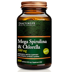 DOCTOR LIFE Mega Spirulina un Chlorella 500 mg uztura bagātinātājs 200 tabletes