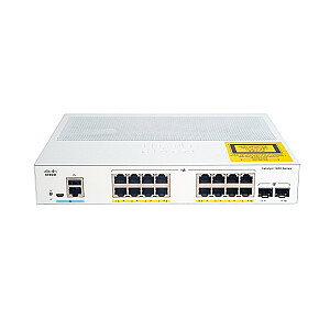 Cisco Catalyst 1000-16T-E-2G-L tīkla slēdzis, 16 gigabitu Ethernet (GbE) pieslēgvietas, divi augšsaites 1G SFP porti, darbība bez ventilatora, ārējais barošanas avots, pagarināta ierobežota mūža garantija (C1000-16T-E-2G-L)