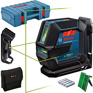 Линейный лазер Bosch GLL 2-15 G Professional, с кронштейном, перекрестный лазерный луч (синий/черный, футляр, потолочный зажим, зеленые лазерные линии)