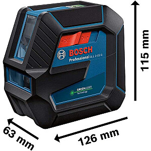 Линейный лазер Bosch GLL 2-15 G Professional, с кронштейном, перекрестный лазерный луч (синий/черный, футляр, потолочный зажим, зеленые лазерные линии)