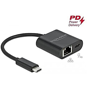 DeLOCK USB-C>Gigabit LAN + PW adapteris melns - LAN 10/100/1000 Mbps ar Power Delivery funkciju