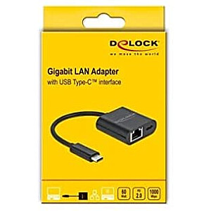 DeLOCK USB-C>Gigabit LAN + PW adapteris melns - LAN 10/100/1000 Mbps ar Power Delivery funkciju