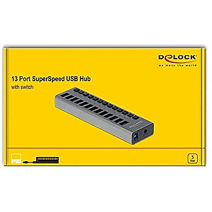 Ārējais USB centrmezgls Delock SS, 13 porti + slēdzis – 63738
