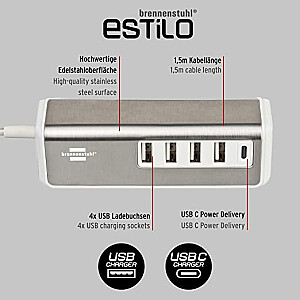 Brennenstuhl Estilo USB multilādētājs (balts/nerūsējošais tērauds, 5x USB, PD 20 W)
