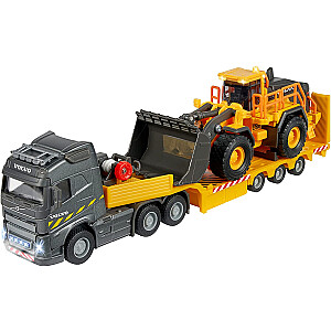 Majorette Volvo Truck FH-16 с прицепом и фронтальным погрузчиком, игрушечный автомобиль (оранжевый/серый, со светом и звуком)