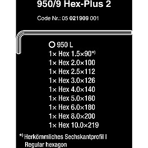 Wera 950/9 L-atslēgu komplekts Hex-Plus 2, 9 gab., skrūvgriezis (ar fiksējošo klipsi)