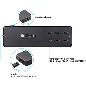 Labi savienojumi USB ātrās uzlādes stacija 120W, 6 porti, lādētājs (melns, PD 3.0, QC 4+, USB-C)