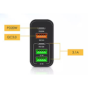 Wocco PKG012 5 port Tīkla Lādētājs 65W / PD / QC3.0 / Type-C / USB