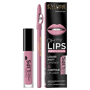 EVELINE Oh My Lips Liquid Matt Lipstick&amp;Contour Lip Liner matiniai lūpų dažai ir kontūras 4,5 ml + 1 vnt. 03 Rose Nude